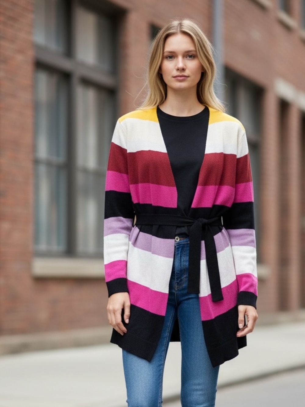 NWOT LANE BRYANT Classic Long-Sleeve Belted Striped Overpiece Cardigan